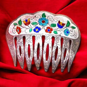 Vintage Cloisonné Solid Sterling Silver Enamel Floral Flower Etched Hair Comb